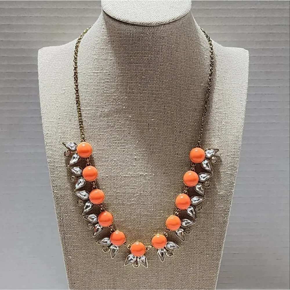 J. Crew Antique Gold Orange Flower Art Deco Necklace‎